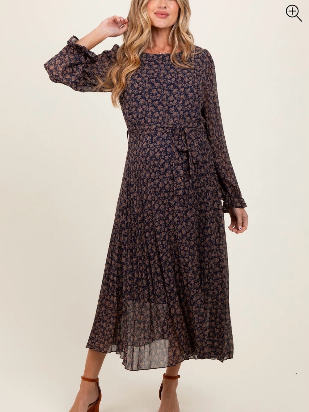 Navy Floral Front Tie Pleated Midi Dress